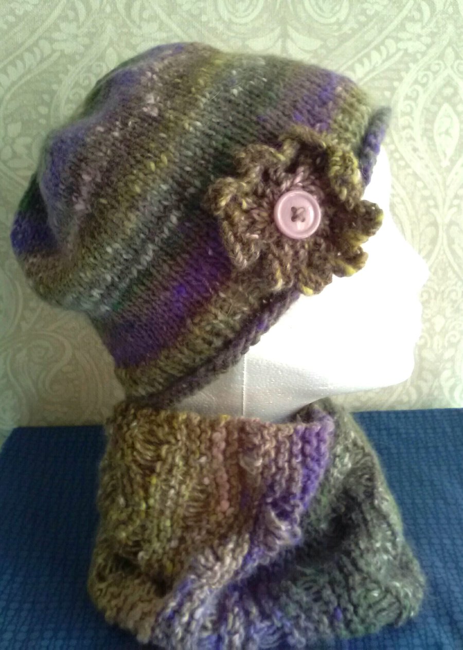 Handknit Noro Hat & Cowl Set. Wool & Angora muted heathers