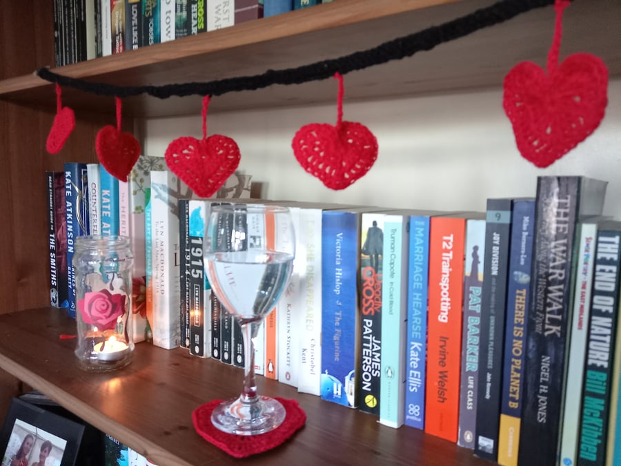 Crocheted red heart bunting decoration