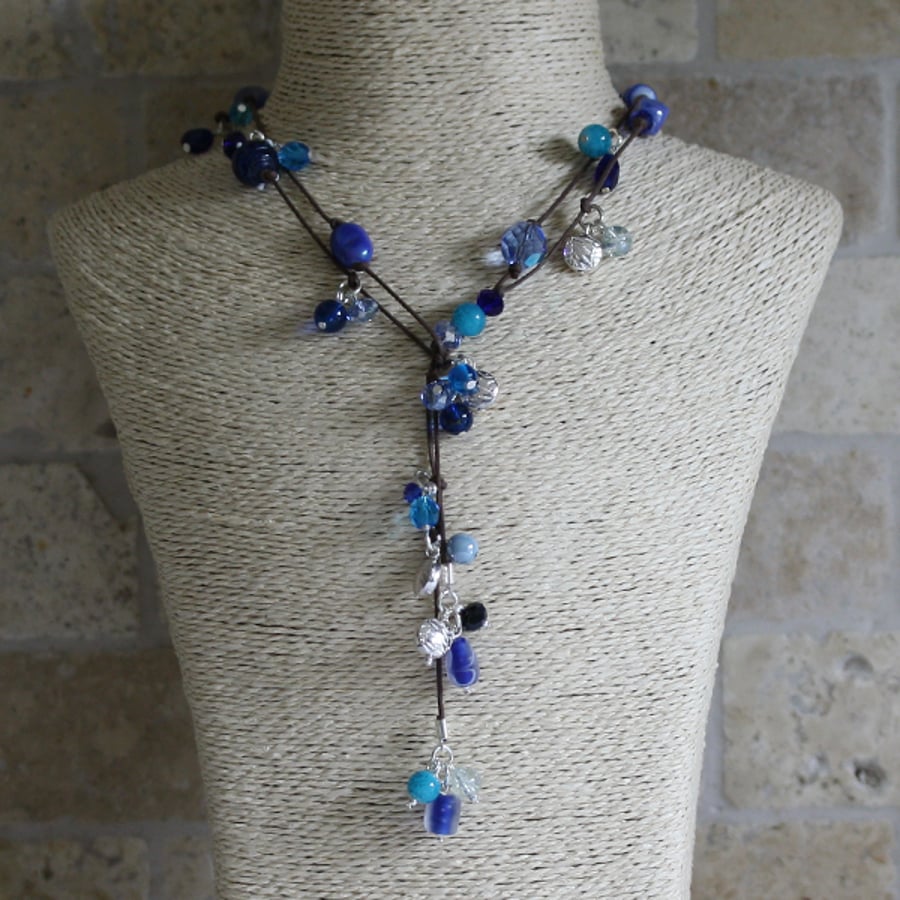 Blue and Silver beaded Lariat, Long necklace