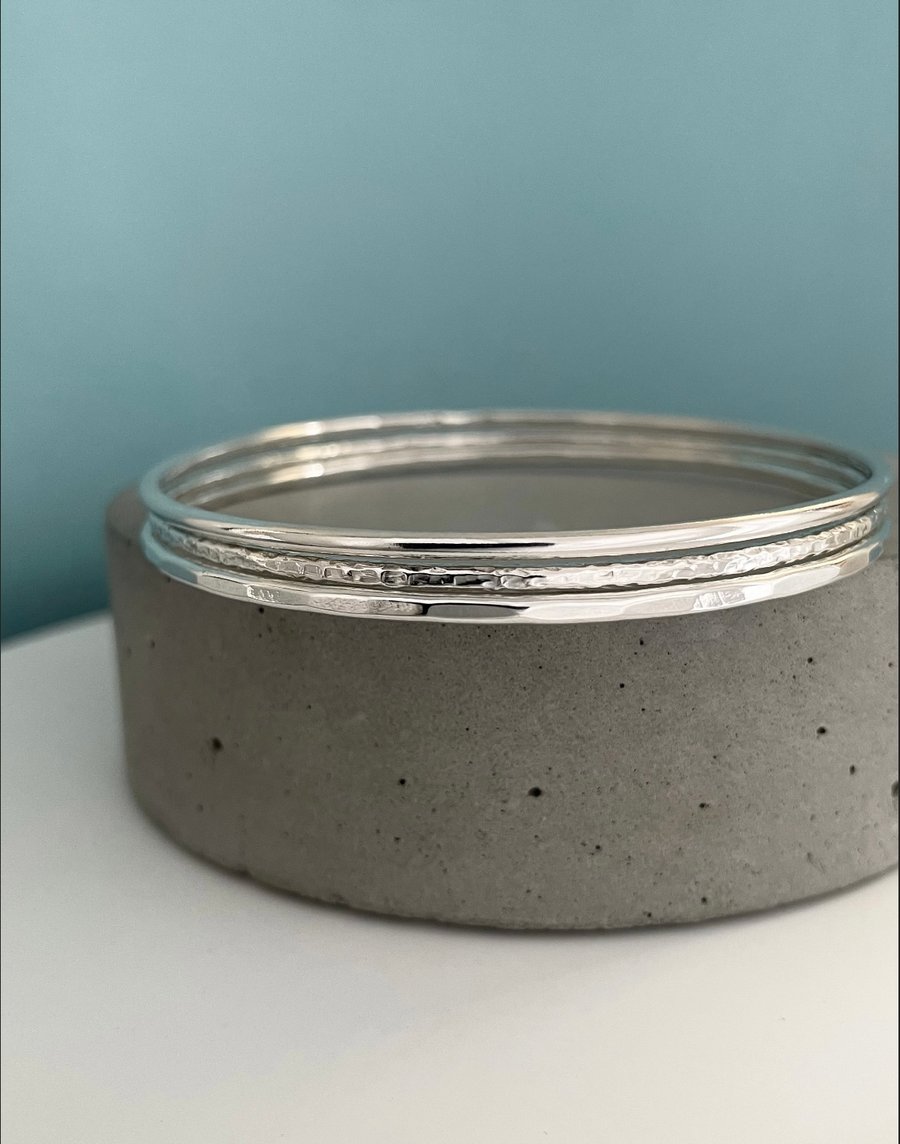 Sterling Silver Solid 2mm Round Bangle Set X3 Sparkly, Faceted & Plain S-M-L-XL