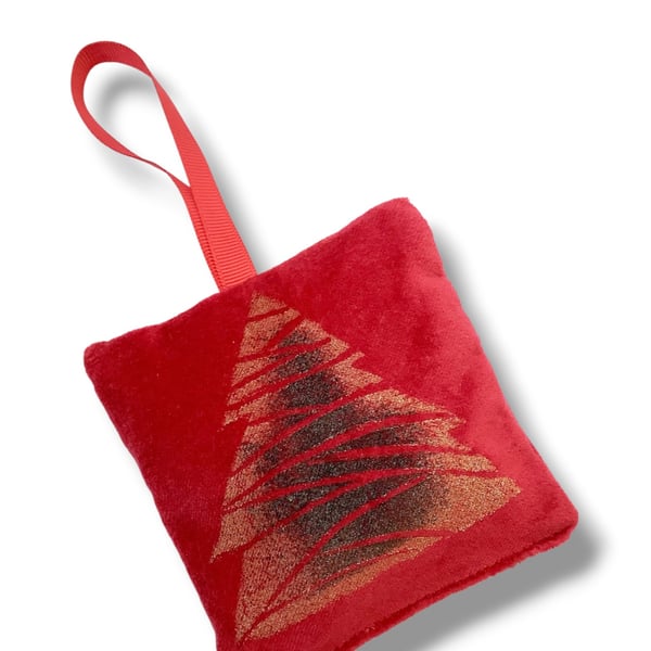 Velvet Lavender Sachet, Hand Printed Lavender Bag, Christmas Tree Ornament 