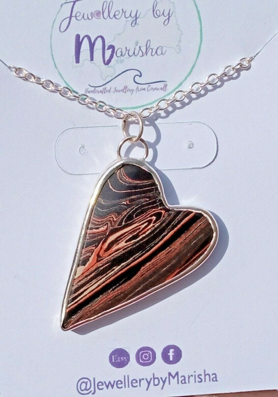 Bowlerite Bowling Ball Orange & Black Swirl Heart Pendant on Silver Necklace