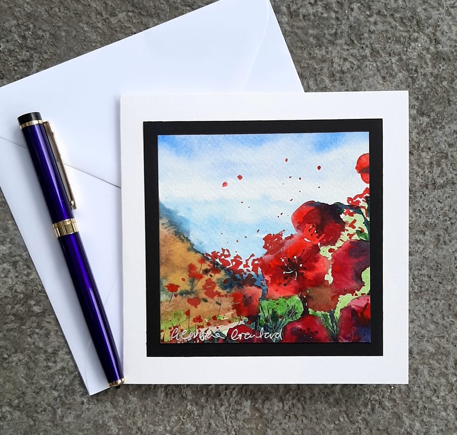 Poppies by the Sea. Handpainted Watercolour Blank Card. Landscape Painting