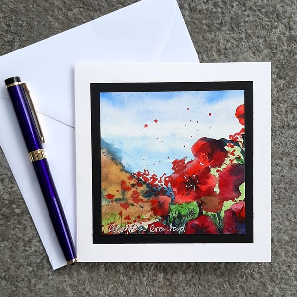 Poppies by the Sea. Handpainted Watercolour Blank Card. Landscape Painting