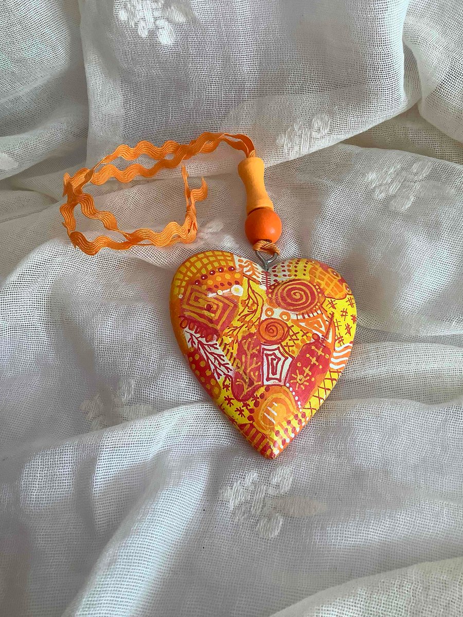 Orange hand painted wooden heart