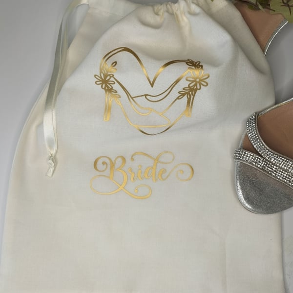 Wedding shoe bag. Brides shoe bag. Drawstring bag. Personalised bag Handmade 