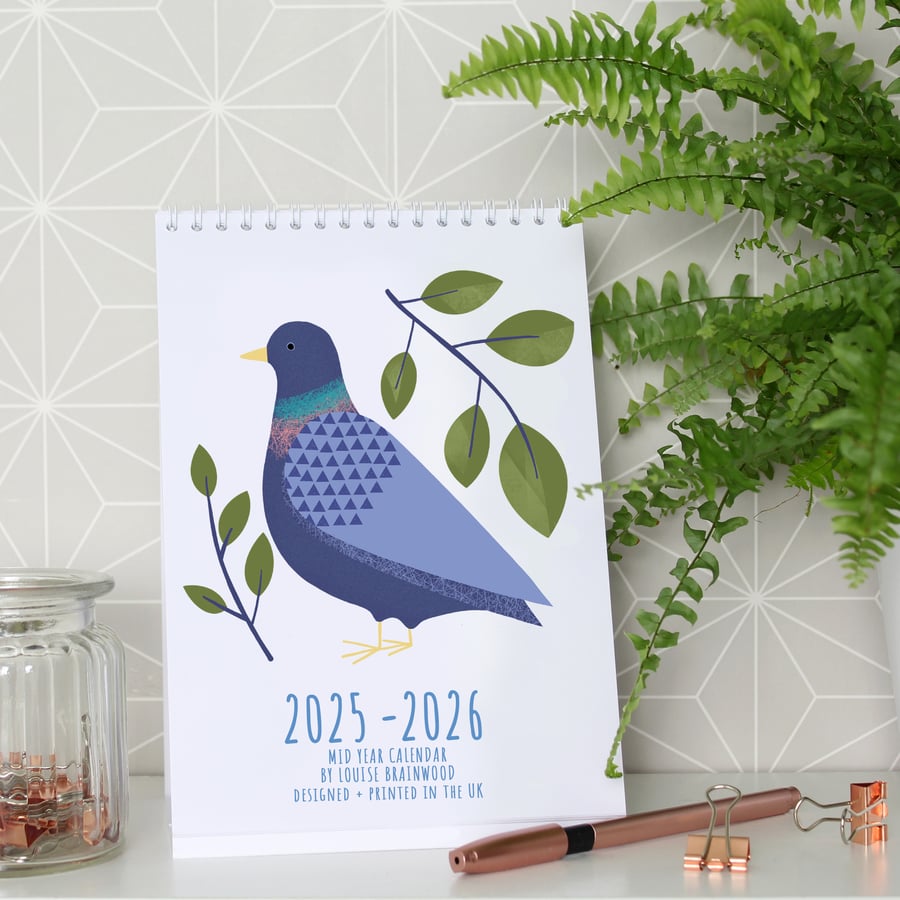 Mid Year Desk Calendar 2025 - 2026 Illustrated Birds 