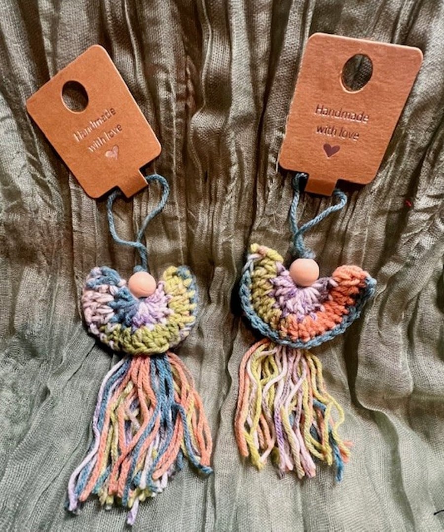 Set of Two Upcycled Boho Crochet Angels – Nature Coloured with Wooden B