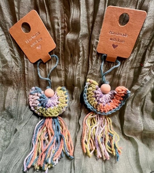 Set of Two Upcycled Boho Crochet Angels – Nature Coloured with Wooden B