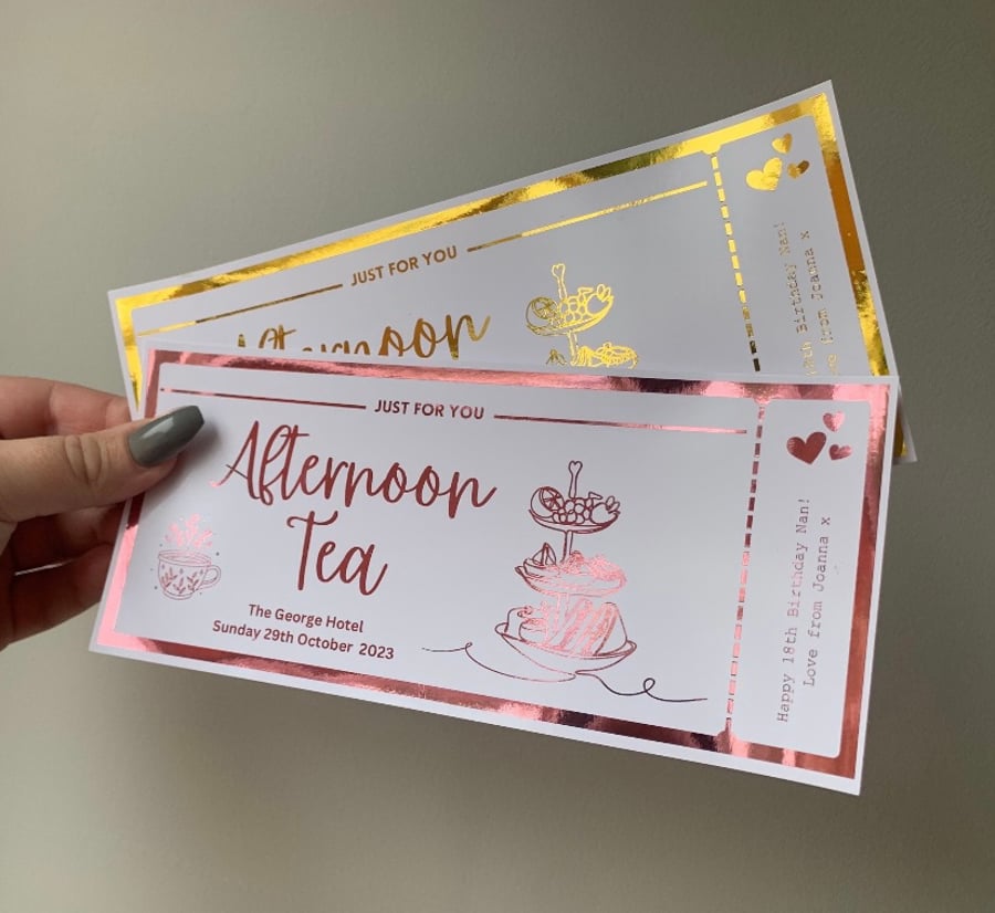 Afternoon Tea Voucher, Any Personalised Foil Gi... Folksy