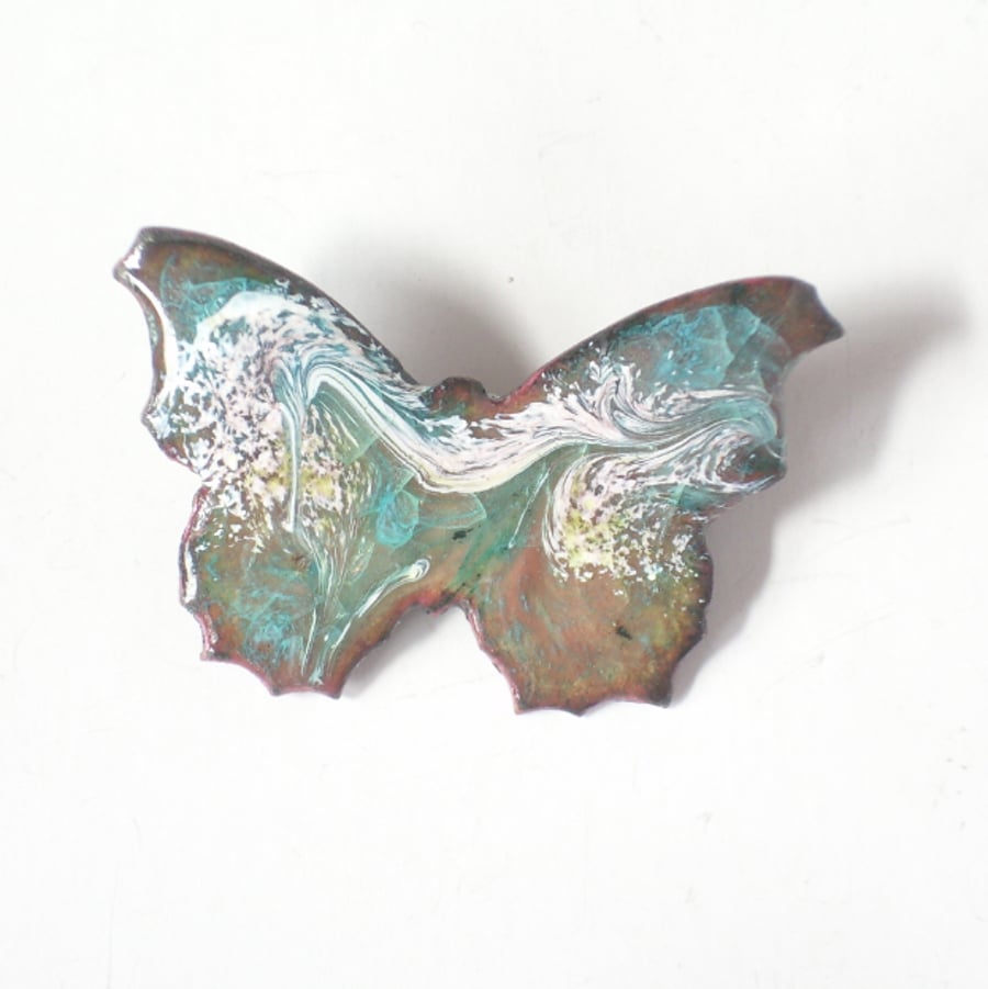brooch: butterfly - scrolled pink and white over turquoise on clear enamel