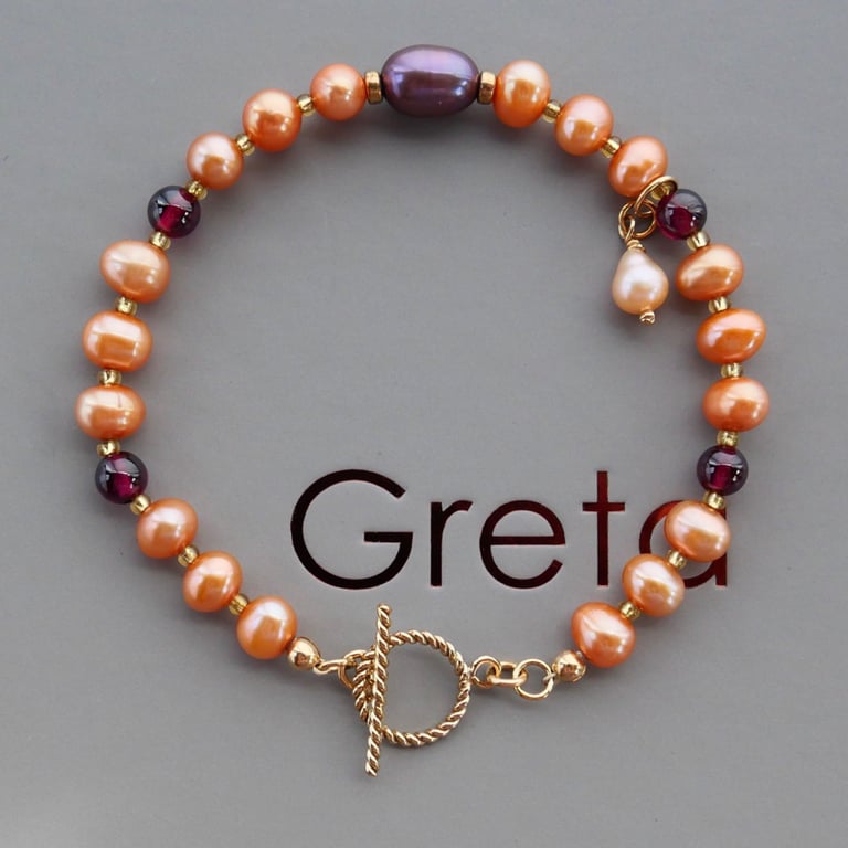 Orange Pearl & Garnet Bracelet with a 14k Gold Filled Toggle Clasp