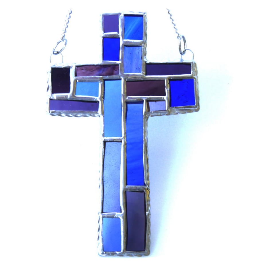 SOLD Cross Suncatcher Stained Glass Patchwork Blue Purple Handmade 