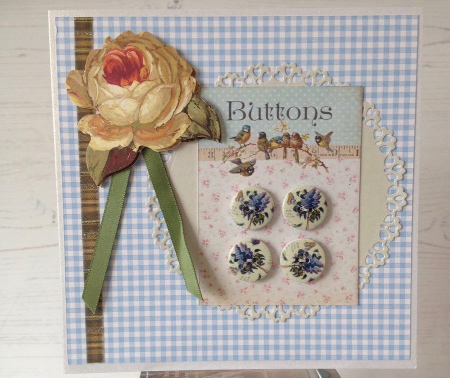 Button and gingham card (blue) PB15