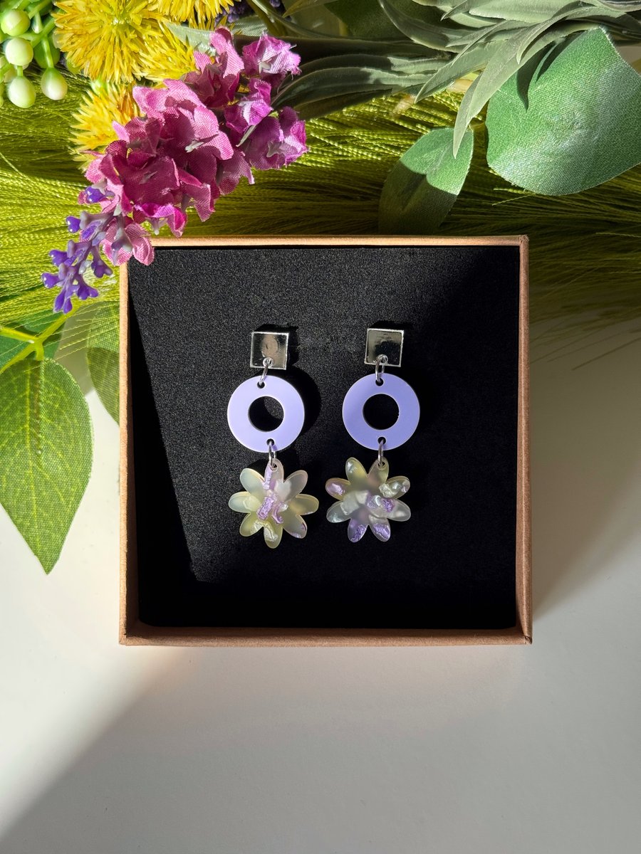 Pastel Bloom Laser Cut Acrylic Lavender & Iridescent Floral Dangle Earrings 