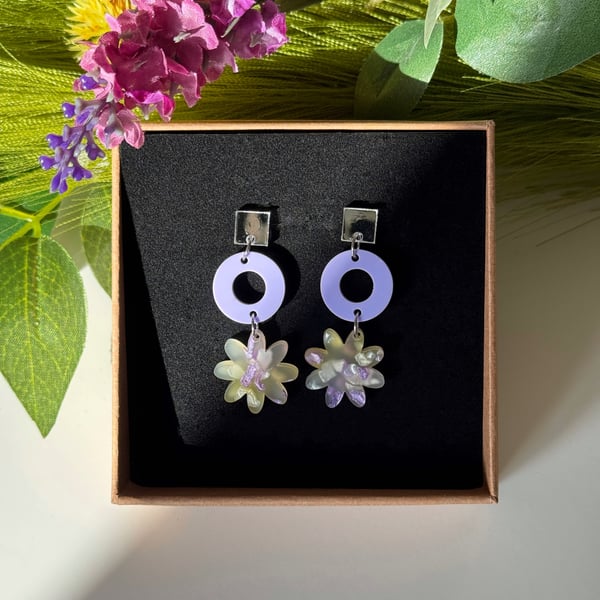Pastel Bloom Laser Cut Acrylic Lavender & Iridescent Floral Dangle Earrings 