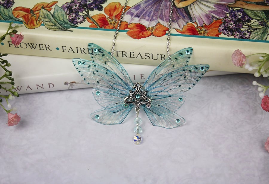 Enchanting Fancy Icy Spring Blue Sparkle Cicada Fairy Wing Butterfly Necklace 