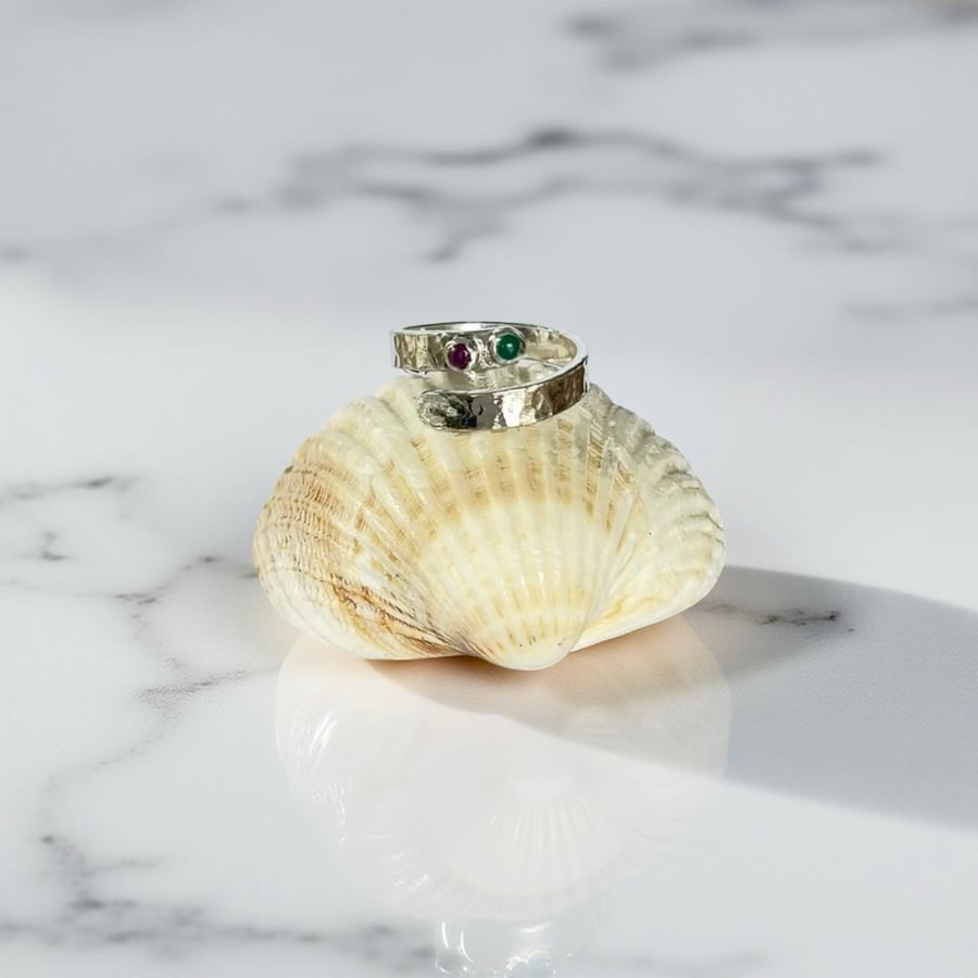 Silver Wrap Ring With Ruby & Emerald