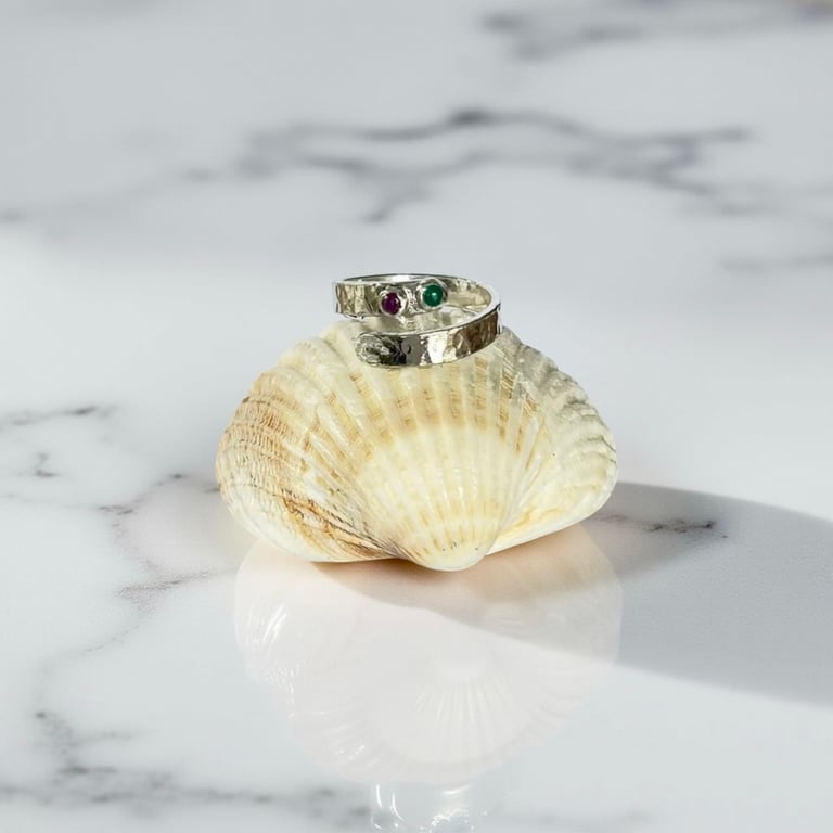 Silver Wrap Ring With Ruby & Emerald