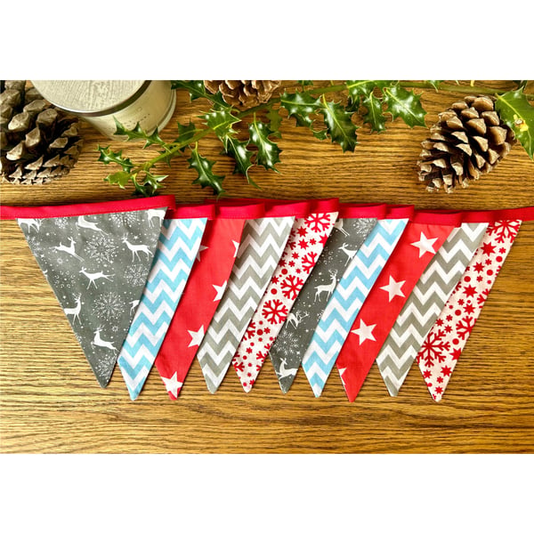 Handmade Red, Grey and Blue Christmas Bunting - Handmade Fabric Garland