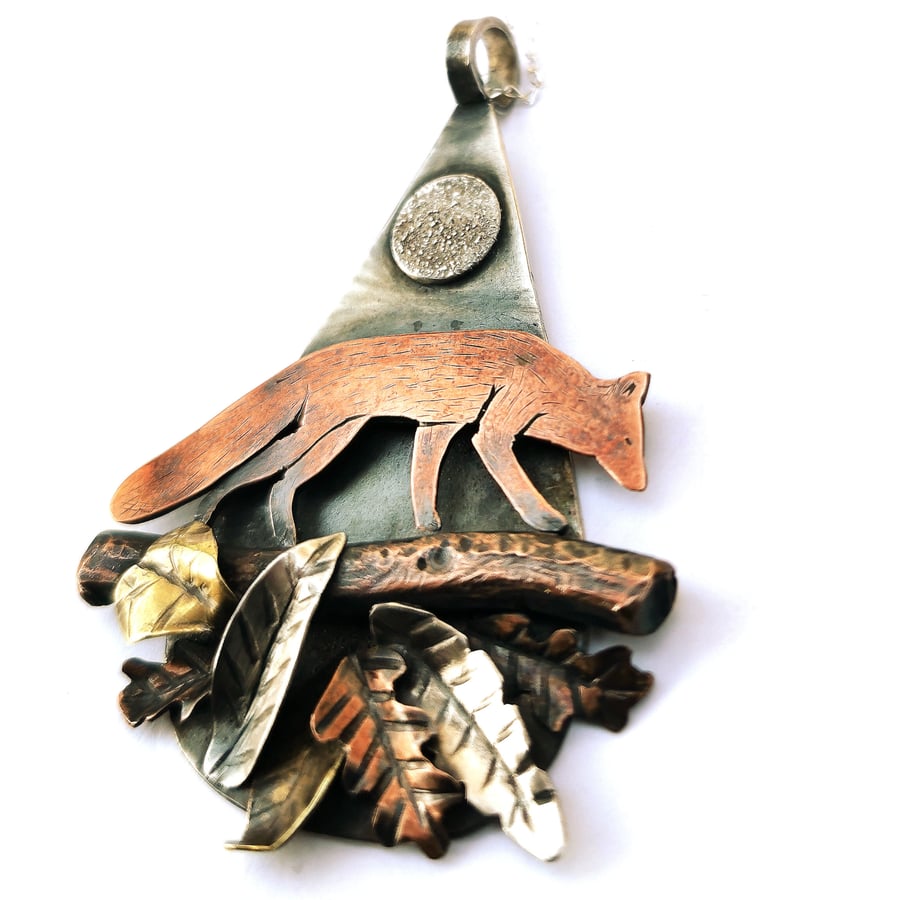 Sterling Silver Copper & Brass Woodland Fox in Autumn Leaves Artisan Pendant 