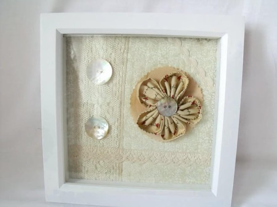 cottage chic vintage style flower framed picture with mother of pearl buttons