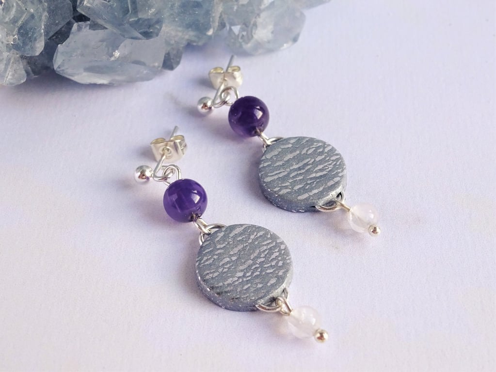 Amethyst and Rose Quartz Earrings, Semi Precious Earrings, February birthstone