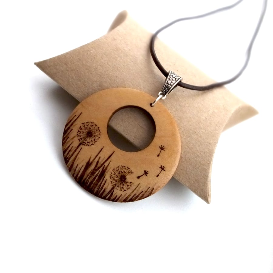 Summer Dandelion Wooden Pyrography Pendant Necklace