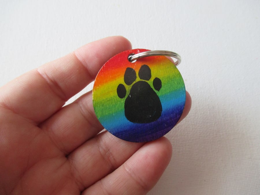 Cat Dog Paw Print Pawprint Rainbow Bridge Pet Memorial Wooden Keyring Key Ring