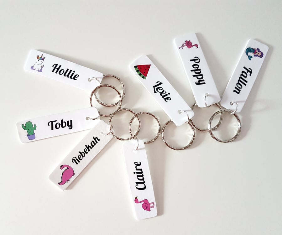 Personalised name tag keyring, customise, unique, hand drawn designs
