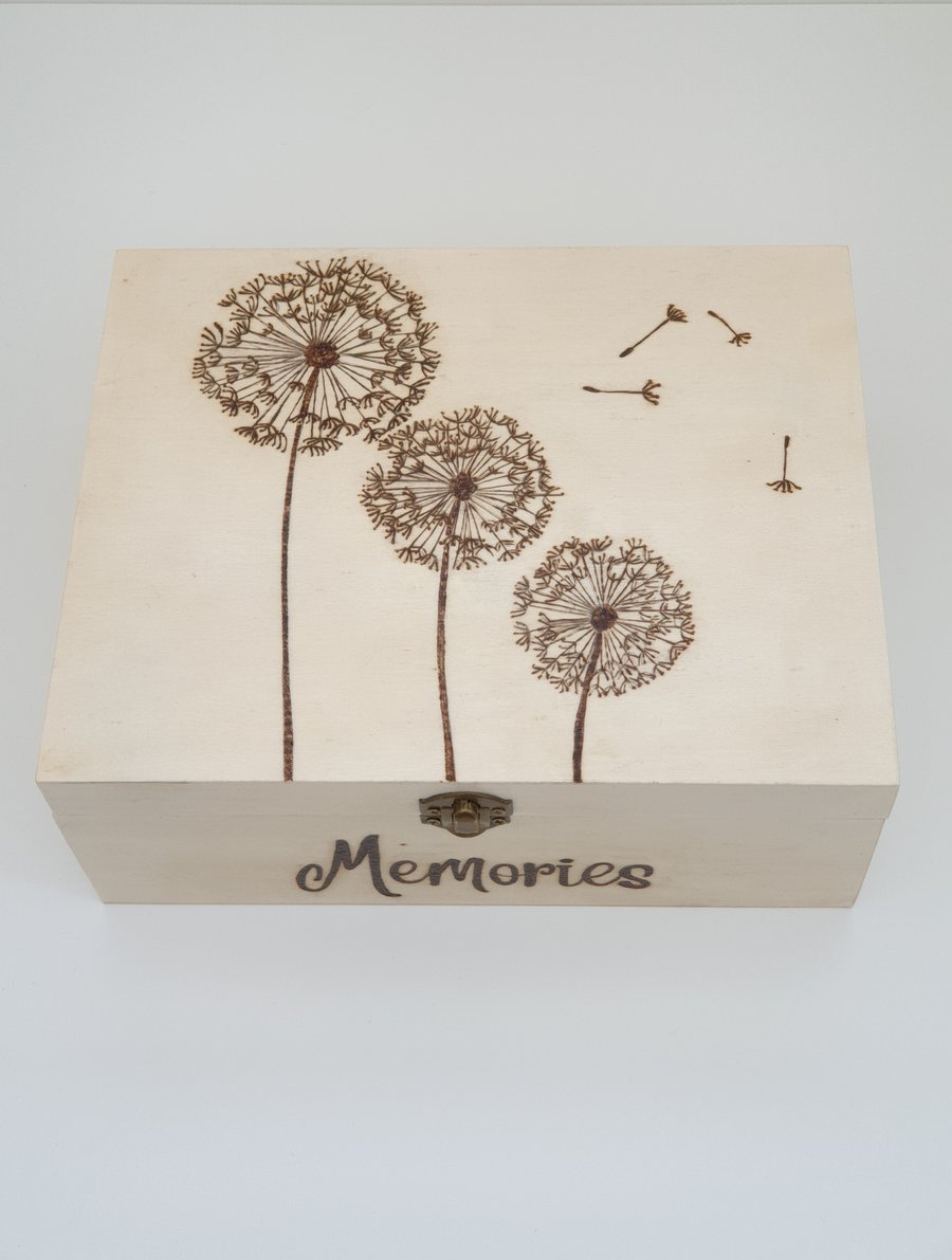 Wooden memory box with pyrography dandelion clock design, keepsake box 
