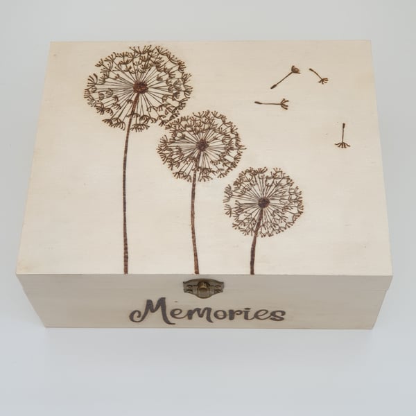 Wooden memory box with pyrography dandelion clock design