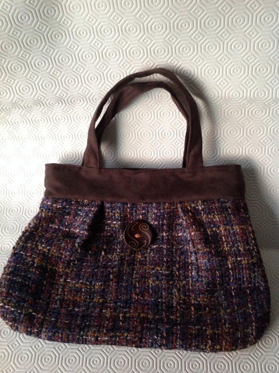 Brown Faux Suede and Tweed Handbag