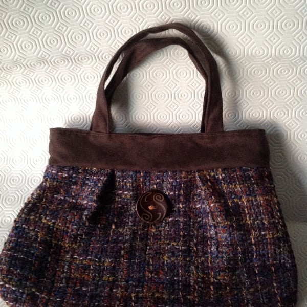 Brown Faux Suede and Tweed Handbag