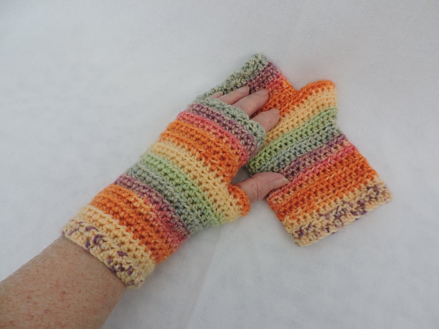 Sale now 4.50  Crochet Fingerless Mitts  100% Acrylic Yellow Orange Green