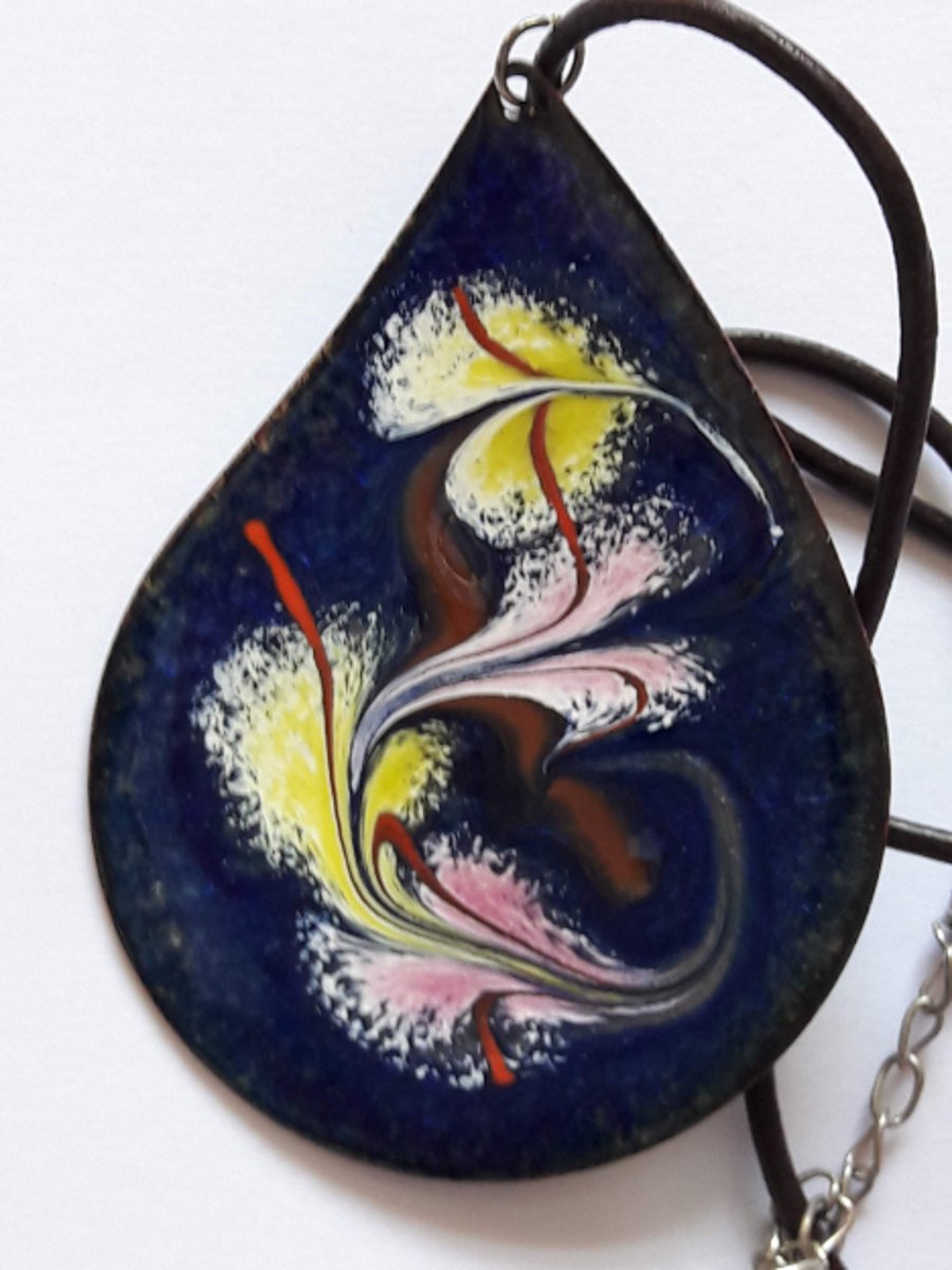 teardrop pendant - white, gold, pink red and brown on blue over clear enamel