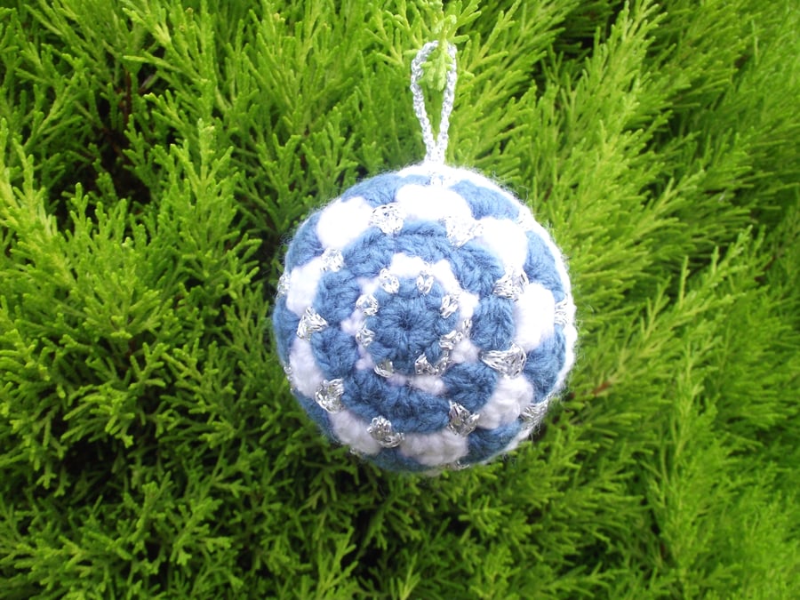 Crochet Christmas Decorations, Set of 2, Festive Baubles, Blue, White, Silver