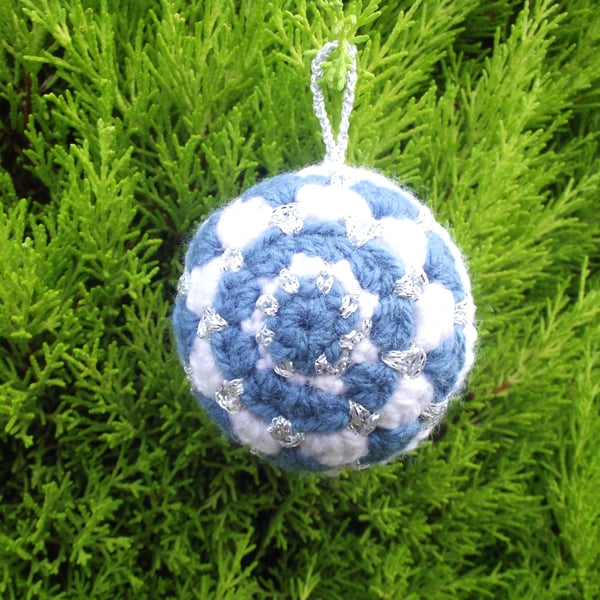 Crochet Christmas Decorations, Set of 2, Festive Baubles, Blue, White, Silver