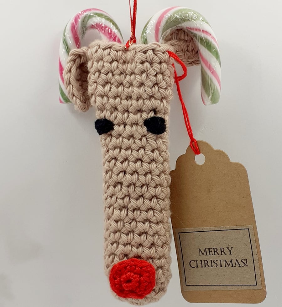 Crochet Rudolph Candy Cane Decoration 