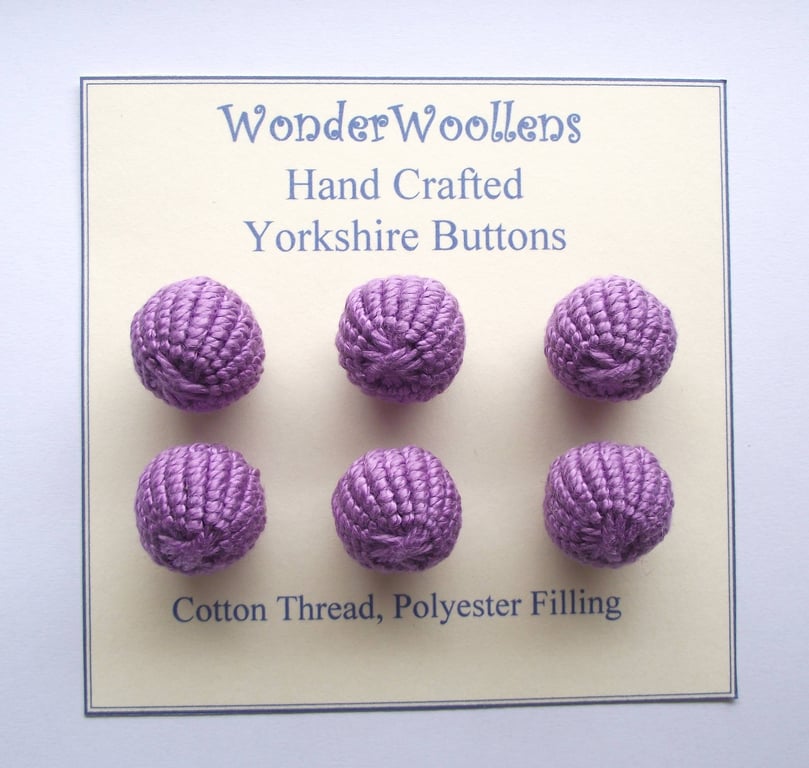 Yorkshire Buttons, Embellishments, Cotton Thread, Set of Six, Lilac