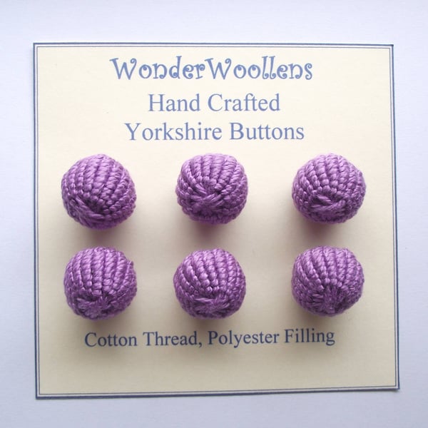 Yorkshire Buttons, Embellishments, Cotton Thread, Set of Six, Lilac