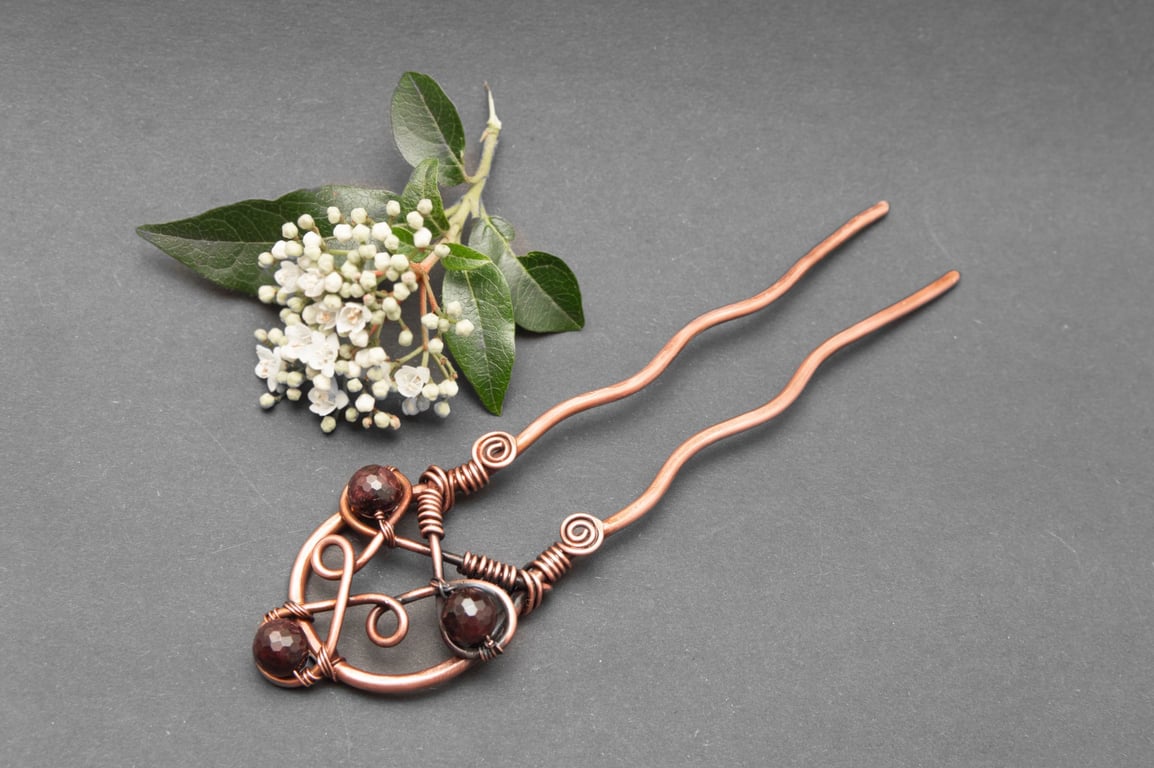 Antique Copper Wire Wrapped Hair Fork with Natural Garnet Beads, 
