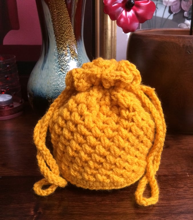 Hand Crocheted Mustard Yellow Drawstring Bag Handbag by Poppy Kay