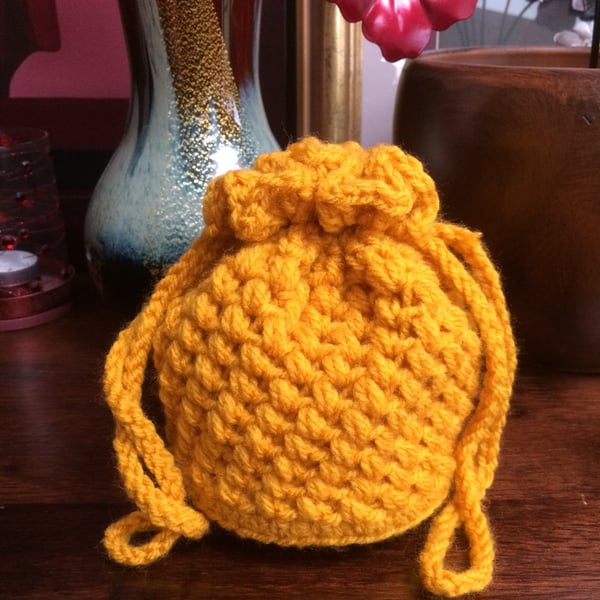 Hand Crocheted Mustard Yellow Drawstring Bag Handbag by Poppy Kay