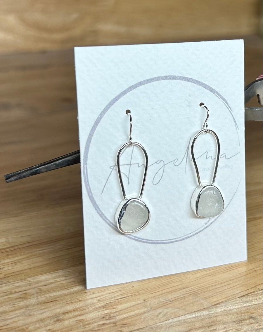 Sterling Silver Beige-Grey Welsh Sea Glass Dangle Earrings