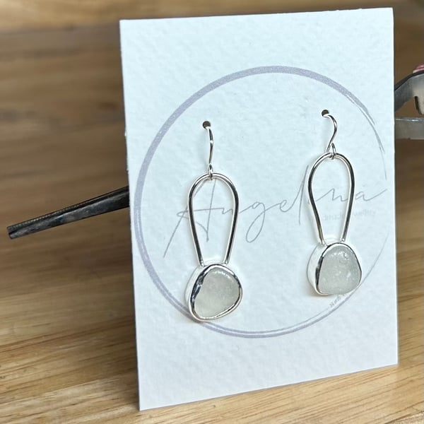 Sterling Silver Beige-Grey Welsh Sea Glass Dangle Earrings