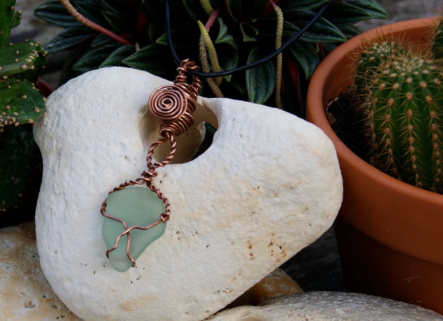 Handmade tear drop Copper and Sea glass pendant 