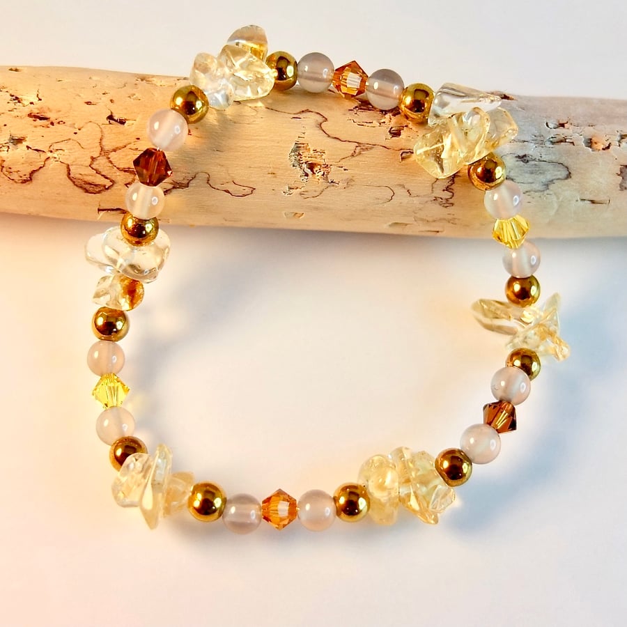 Citrine, Swarovski Crystal, Hematite And Agate Bracelet - Handmade In Devon.
