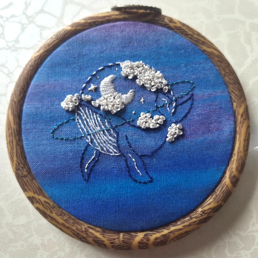 Whale in the sky - small embroidered hoop