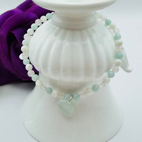 Amazonite, Rose Quartz & MOP Sea Glass Bracelet